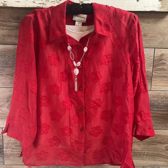 Alfred Dunner Red Button Up Blouse Necklace Size Large Petite NWT Old Stock - Picture 1 of 5